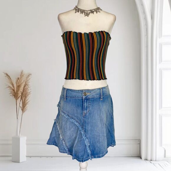 Y2K Distressed Studded Light Blue Asymmetric Patchwork Denim Mini Skirt L - Picture 1 of 8